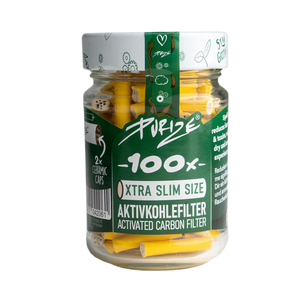 100 Purize Aktivkohlefilter XTRA Slim 6mm Gelb im Glas